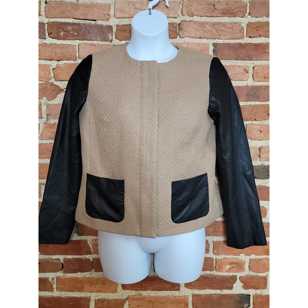 Talbots Blazer Jacket Womens 12 Beige Tan Wool Blend Tweed Faux Leather Sleeve